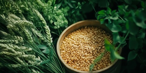 Organic wheat grains sourced from a farmers market, accompanied by green plants in the backdrop. This emphasizes the concept of bio and vegan food.