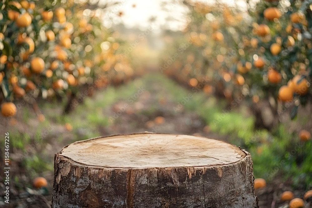 Poster empty wooden surface on a tree trunk with a blurred background of orange trees growing in an orchard