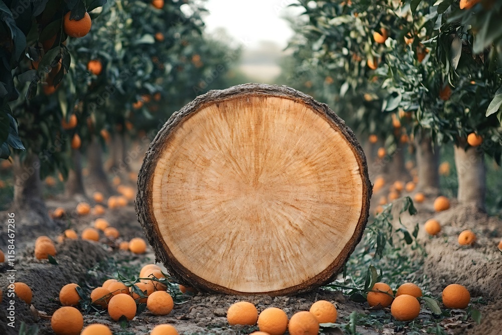 Poster fallen oranges surround a large section of a tree trunk placed on the ground in a grove of orange tr