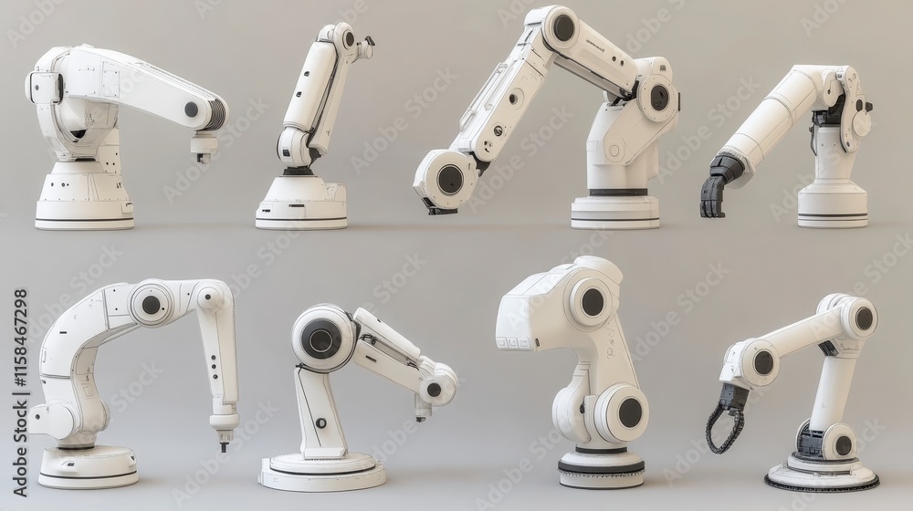 Poster a collection of robotic arms displayed in various positions, showcasing their versatility and design