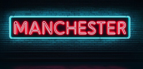 Obraz premium Manchester neon sign glowing vibrantly, showcasing urban and cultural identity
