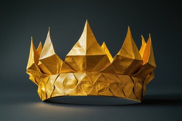 This unique golden paper crown with folded elements sits on a headband, highlighting its creative craftsmanship and royal aesthetic