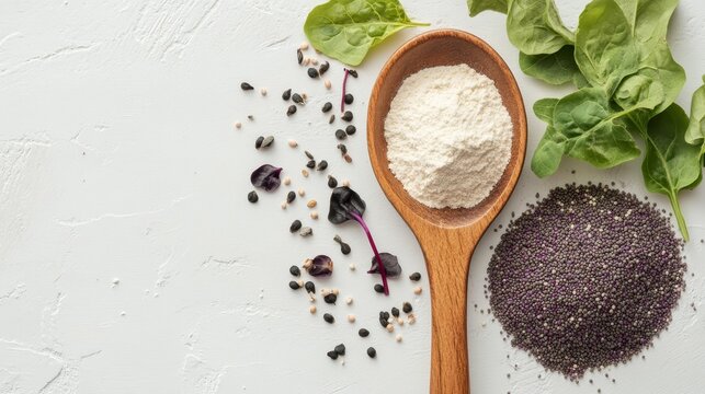 Grass garden orach with seeds, flour, and grits displayed in a wooden spoon on a white table creates a flat layout. This grass garden orach serves as a nutritious option in dietary and vegetarian