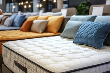 Orthopedic mattresses and soft pillows are displayed on beds in a furniture store showroom, offering a wide selection for customers seeking comfort and support