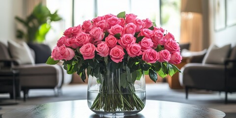 Vibrant pink roses elegantly arranged in a large glass vase, creating a stunning focal point on the floor, showcasing the beauty of pink roses in any setting.