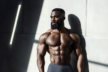 Fototapeta premium Bodybuilder posing confidently in a gym, showcasing a perfectly sculpted physique with defined abs and impressive biceps, illuminated by a dramatic ray of light