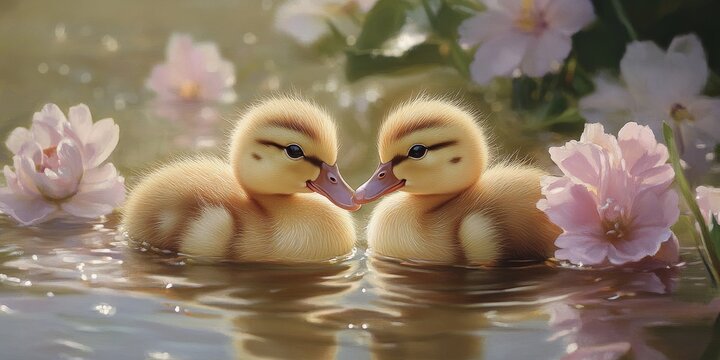 Two fluffy, adorable sibling baby ducklings display their playful nature, highlighting the charm of these precocious baby ducklings in a delightful and heartwarming scene.