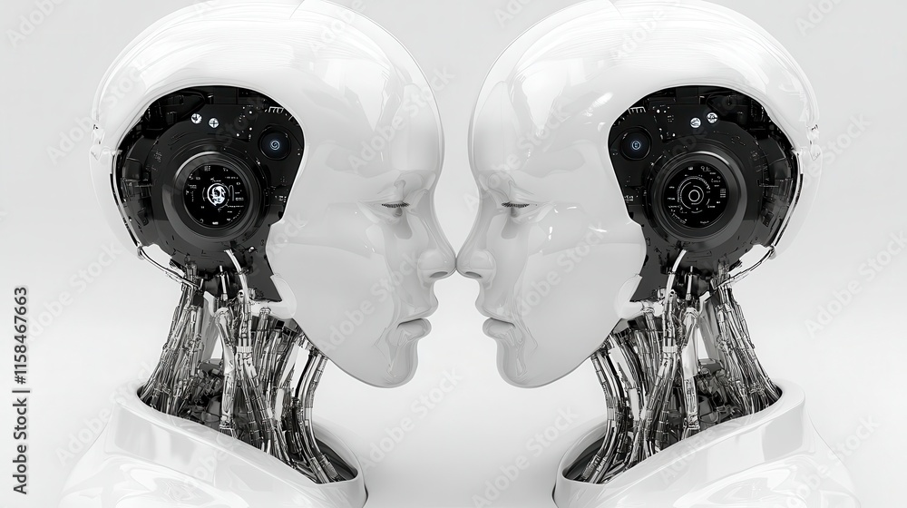 Aufkleber a futuristic depiction of two humanoid robots facing each other, featuring sleek designs and intrica