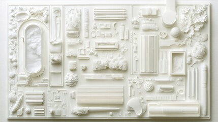 Naklejka premium A textured white panel featuring a variety of abstract shapes and forms, creating a visually intriguing design with a modern minimalist aesthetic.