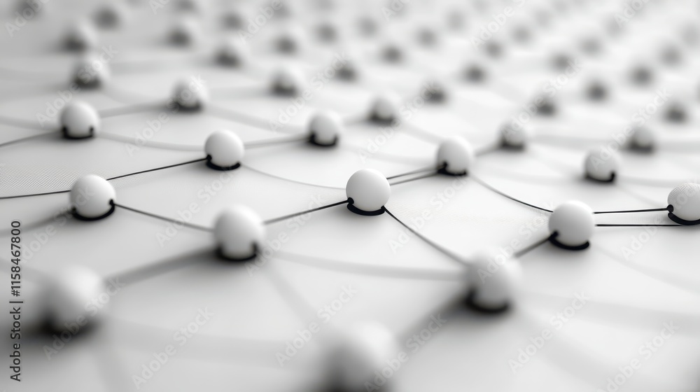 Poster a close-up view of interconnected spheres forming a geometric network, showcasing a modern, minimali
