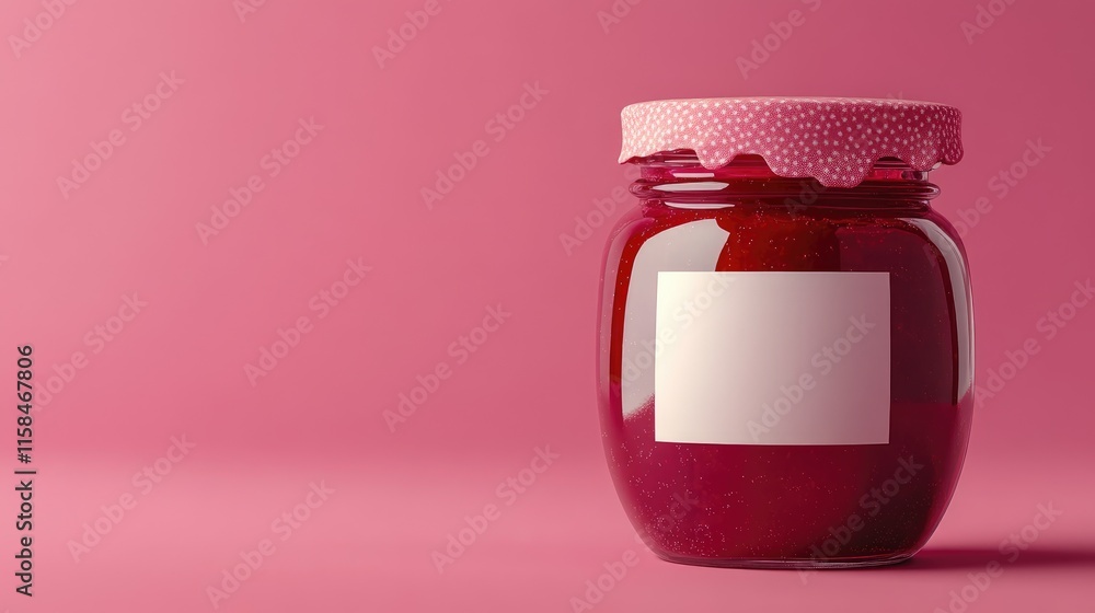 Poster A simple and elegant glass jar of raspberry jam, featuring a blank white label, placed on a solid pink background for a fresh, modern look