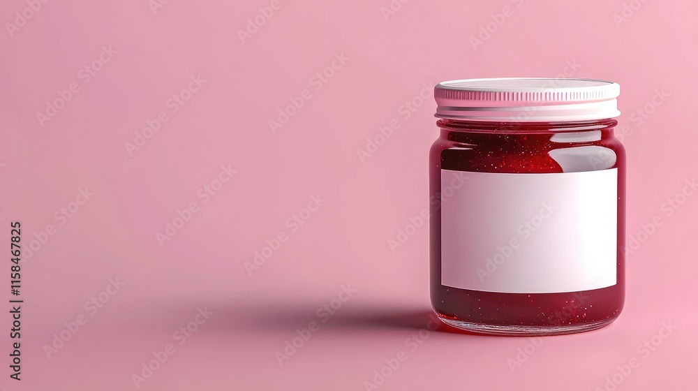 Poster A simple and elegant glass jar of raspberry jam, featuring a blank white label, placed on a solid pink background for a fresh, modern look