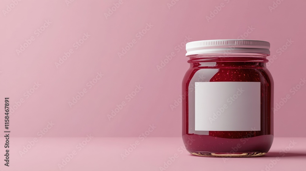 Poster A simple and elegant glass jar of raspberry jam, featuring a blank white label, placed on a solid pink background for a fresh, modern look