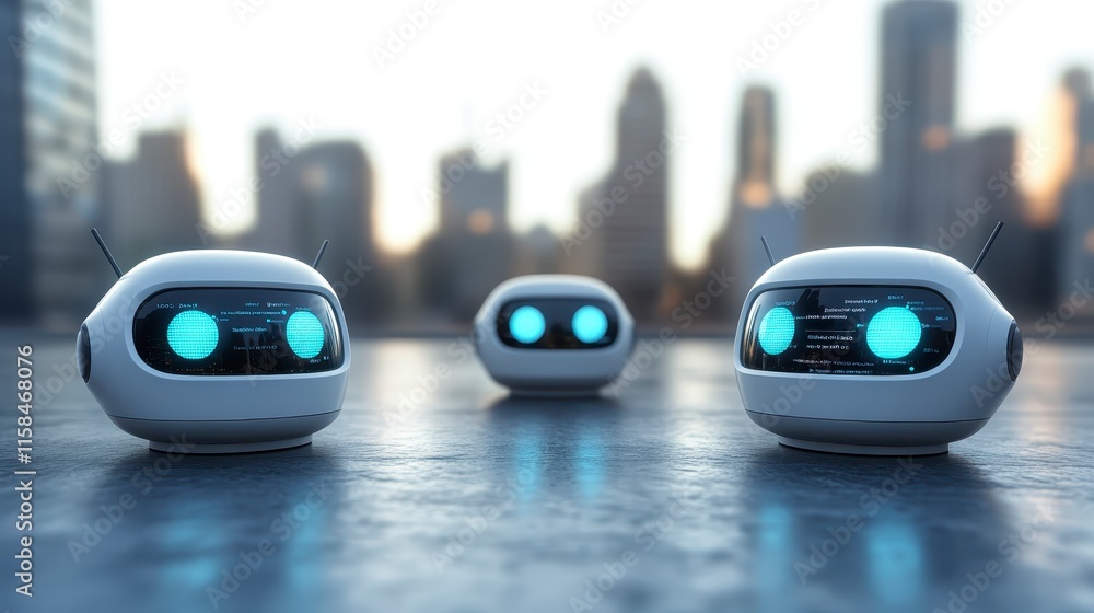 Poster three futuristic robots with glowing blue eyes are positioned in an urban setting, reflecting a blen
