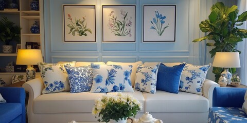 Cozy living room featuring a blue and white theme, adorned with flowery patterns on pillows and posters, creating a warm and inviting atmosphere ideal for relaxation in a cozy space.