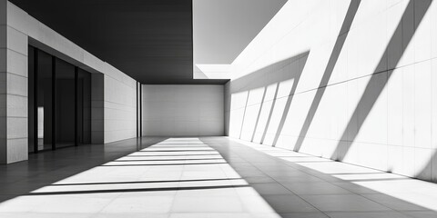 Obraz premium Black and white photography highlighting the intricate details of modern architecture, emphasizing shadows cast on the wall, captures the essence of architectural beauty in a striking way.