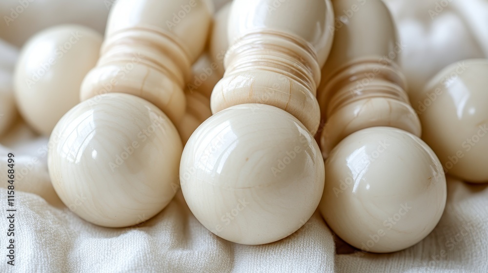 Poster a close-up view of several white wooden knobs resting on a soft fabric, showcasing their smooth text