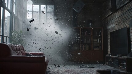 A dramatic scene of a living room with debris suspended in the air, suggesting chaos.