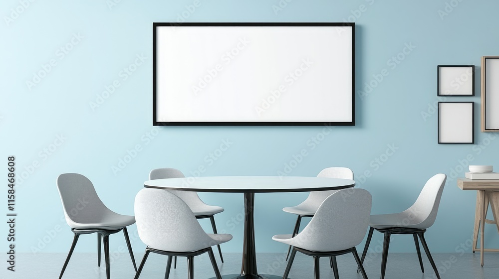 Aufkleber a sleek black rectangular frame mockup on a light blue dining room wall, with a round table and chai