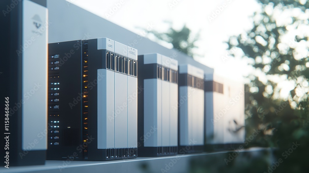 Poster a row of modern servers with illuminated indicators, set against a blurred background of greenery an