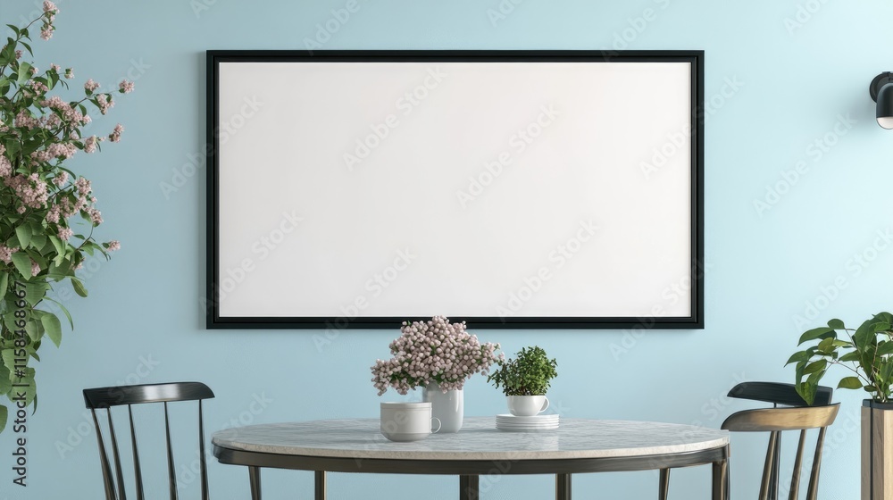 Aufkleber a sleek black rectangular frame mockup on a light blue dining room wall, with a round table and chai