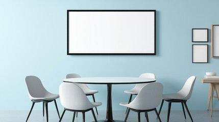 A sleek black rectangular frame mockup on a light blue dining room wall, with a round table and chairs beneath, creating a stylish and neutral backdrop