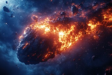 Fototapeta premium A massive asteroid engulfed in flames travels through the vastness of space, creating a vivid display of light against a dark background