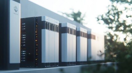 Fototapeta premium A row of modern servers with illuminated indicators, set against a blurred background of greenery and natural light.