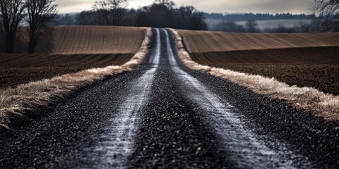 Fertilizers are applied across an asphalt road situated in a rural area, emphasizing the agricultural practice of enhancing soil quality even in remote locations.