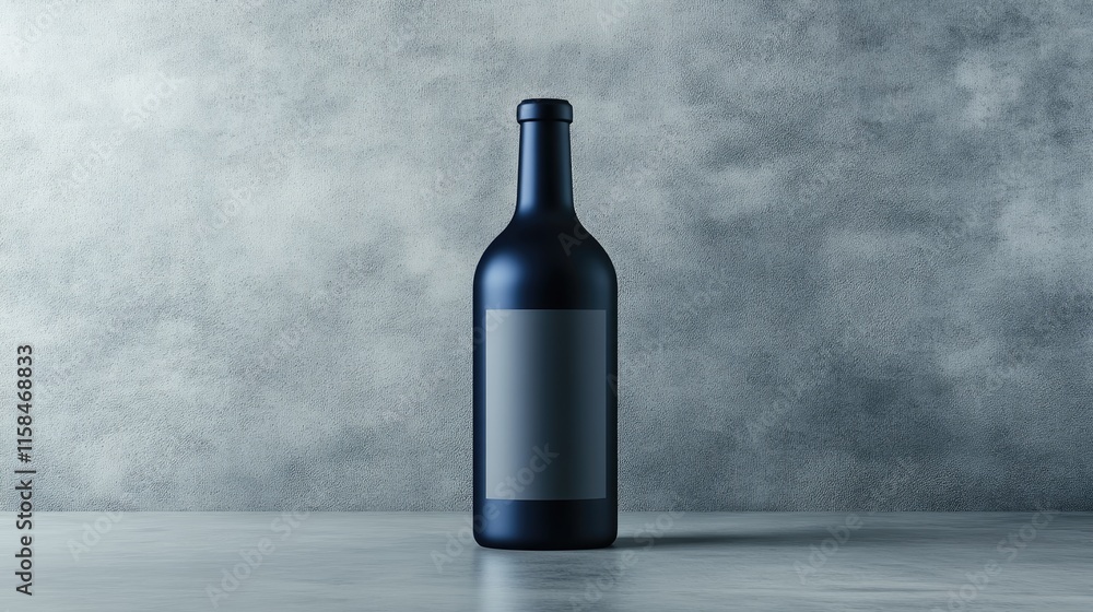 Poster a sleek blue beer bottle with a blank label, placed on a grey surface, highlighting its elegance and