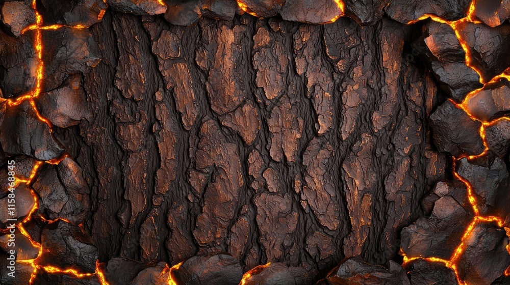 Poster ebony tree abstract background concept. textured bark with glowing lava-like edges creating a striki