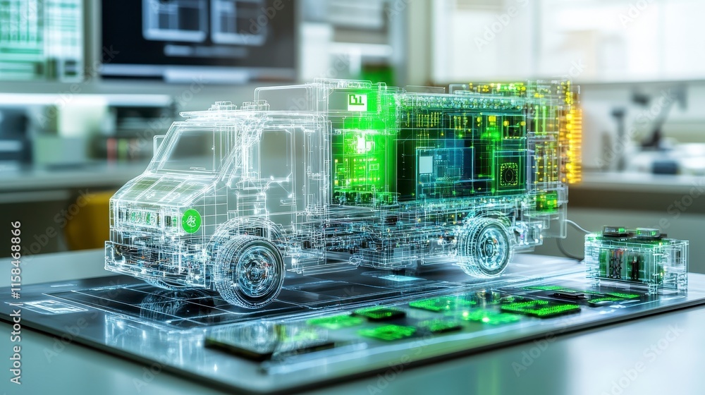 Poster a futuristic, transparent truck model displayed in a tech lab, showcasing advanced digital interface