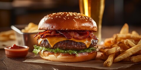 Delicious bacon cheeseburger featuring a toasted pretzel bun, accompanied by crispy fries and a chilled beer. This bacon cheeseburger is captured in selective focus for enhanced appeal.