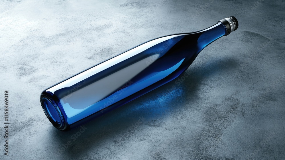 Poster a sleek blue beer bottle with a reflective surface and an empty label, resting on a smooth grey surf