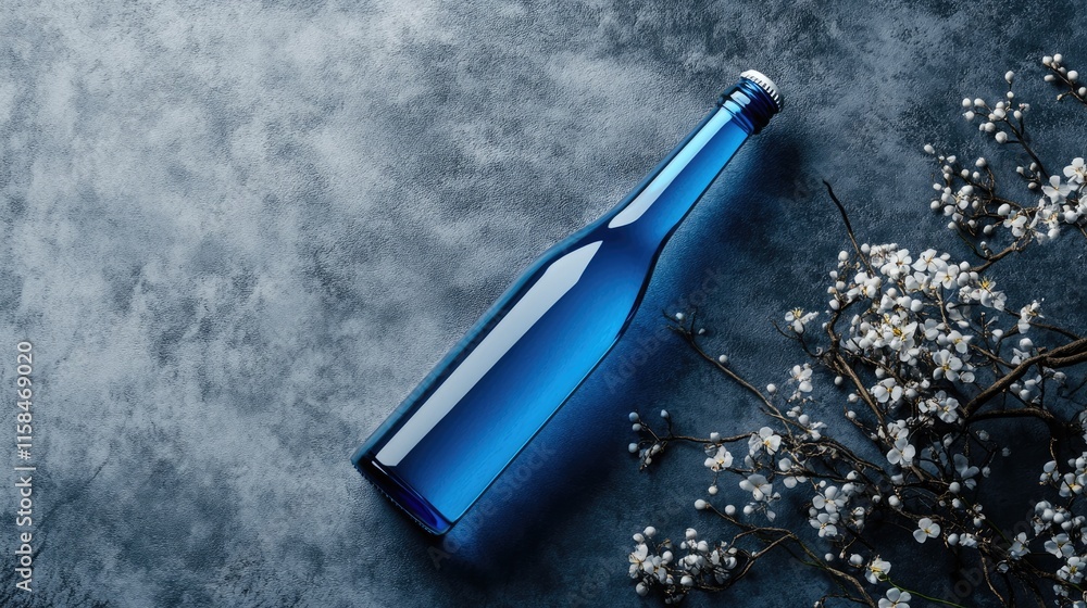 Aufkleber a sleek blue beer bottle with a blank label, placed on a grey surface, highlighting its elegance and