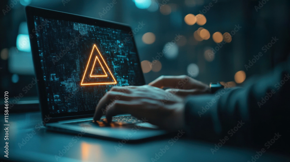 Aufkleber a man is engaged in using a laptop in a low-light environment, focusing on a digital interface displ