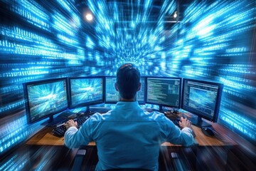 A man sits at a desk, engaged with several computer screens displaying code and data, immersed in his work at night