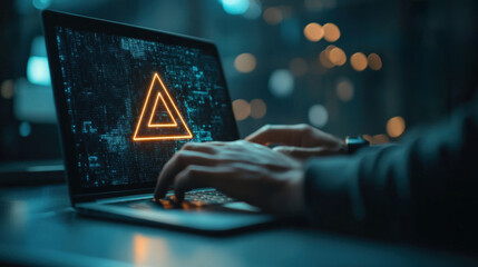 A man is engaged in using a laptop in a low-light environment, focusing on a digital interface displaying. Cybersecurity, cyber attack, 