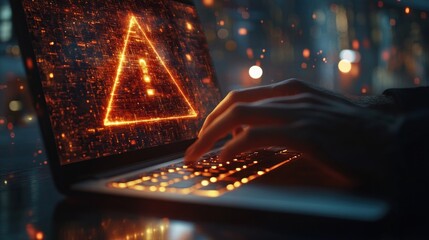 Individual focuses on a laptop featuring a prominent glowing warning symbol. Cybersecurity concept, cyber attack.