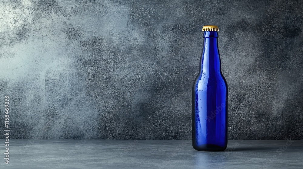 Poster a sleek blue beer bottle with a reflective surface and an empty label, resting on a smooth grey surf
