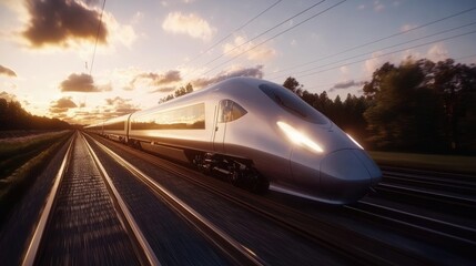 Naklejka premium A sleek high-speed train speeding along the railway tracks, with a beautiful sunset sky and forest in the background, evoking motion and natural beauty