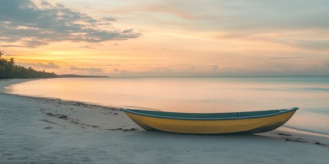 Naklejka premium Serene beach scene featuring an empty banana boat at dawn, capturing the peaceful ambiance of the early morning. The empty banana boat sits gently on the sand in this tranquil setting.