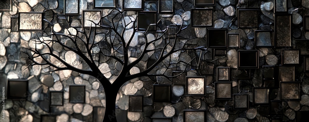 Poster ebony tree abstract background concept. a silhouette of a tree against a textured mosaic background 