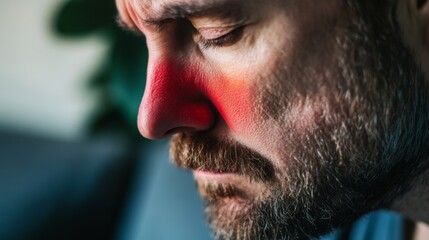 Obraz premium Close up of red irritated nose, emphasizing the discomfort and struggle of allergies or cold symptoms, highlighting the human vulnerability and resilience in the face of common ailments.