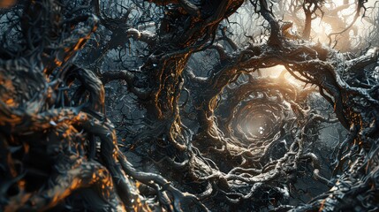 A tangled maze of thorns and brambles, representing the complexities of emotional barriers 