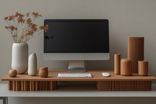 A sleek modern workspace showcases an elegant arrangement of wooden decor items and a computer, creating a tranquil atmosphere for productivity