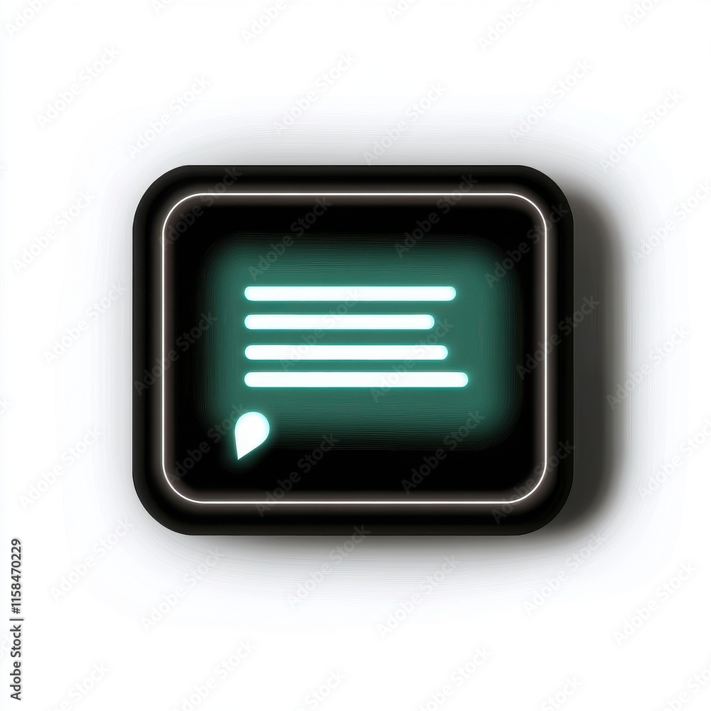 Aufkleber stylized black message icon featuring illuminated text lines on a glowing background.