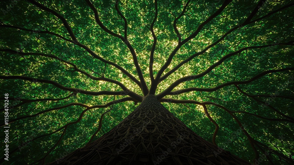 Poster elder tree abstract background concept. a captivating view of a tree's branches and leaves from belo
