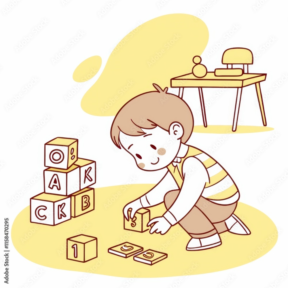 Poster a young child plays with colorful blocks, stacking them while sitting on the floor, with a simple ch