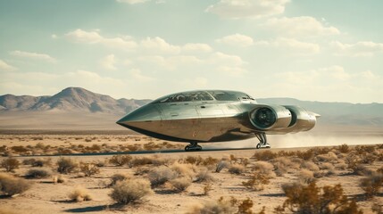 Futuristic aircraft taking off from the runway at the mysterious Area 51 location  This highly advanced experimental aircraft features a unique innovative design with a sleek aerodynamic shape